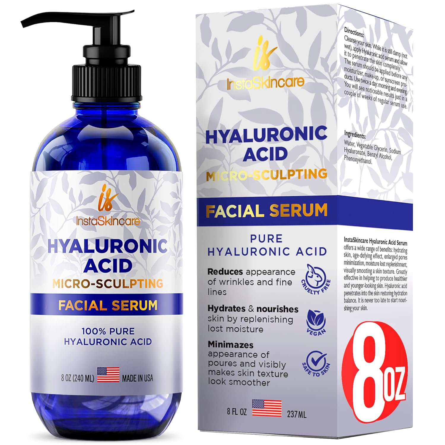 Pure Hyaluronic Acid Serum Big Bottle 8 Oz for Face Skin and Lips